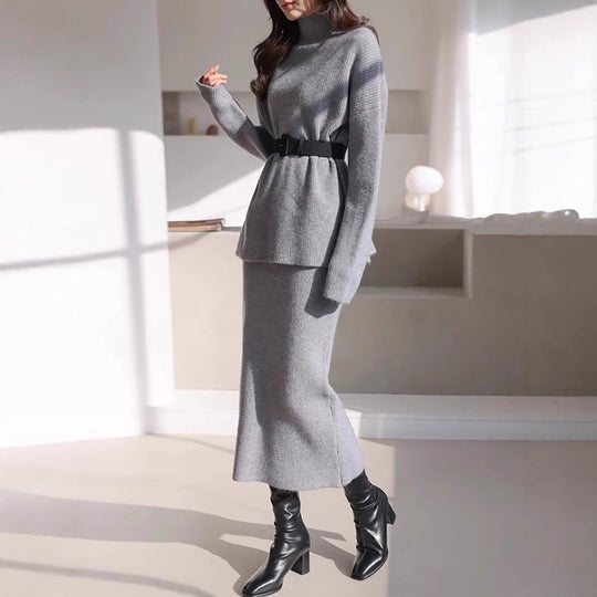 Damen Elegantes Strickoutfit mit Taillengürtel EB