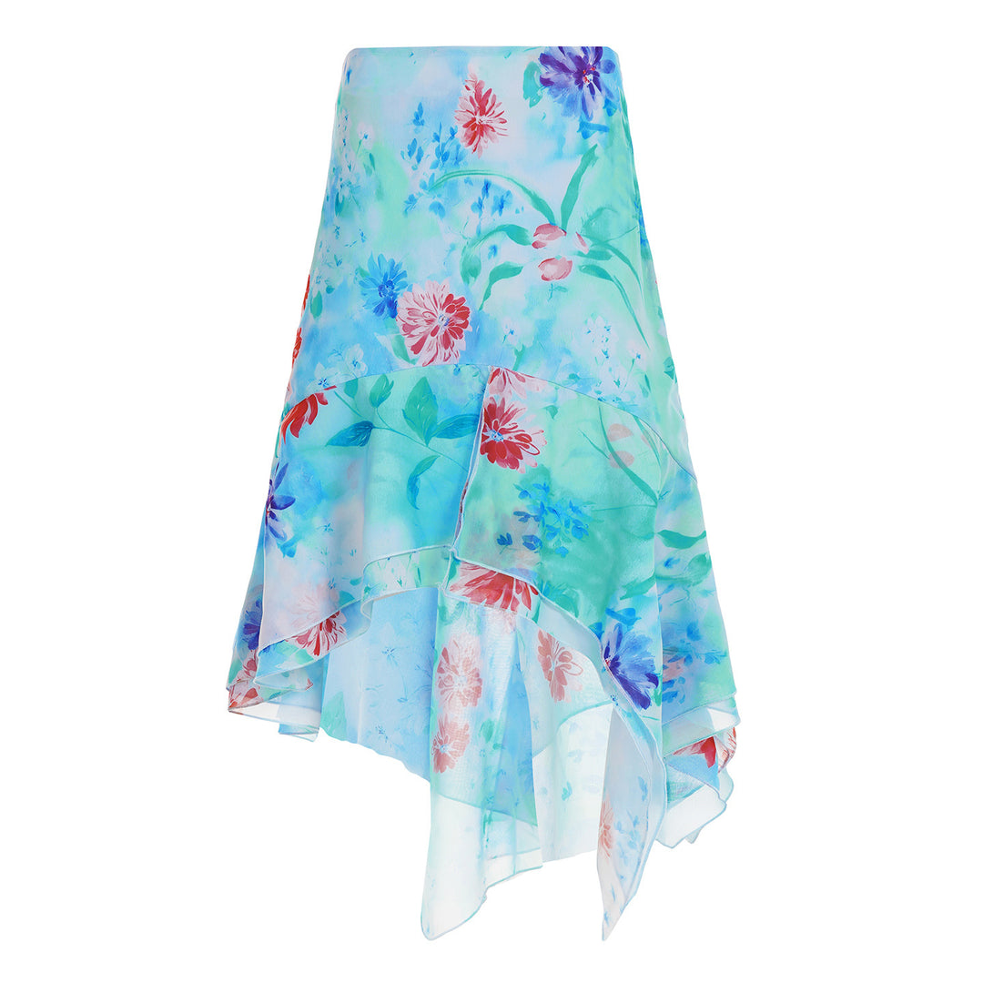 Damen asymmetrischer Rüschenrock aus floralem Chiffon EB