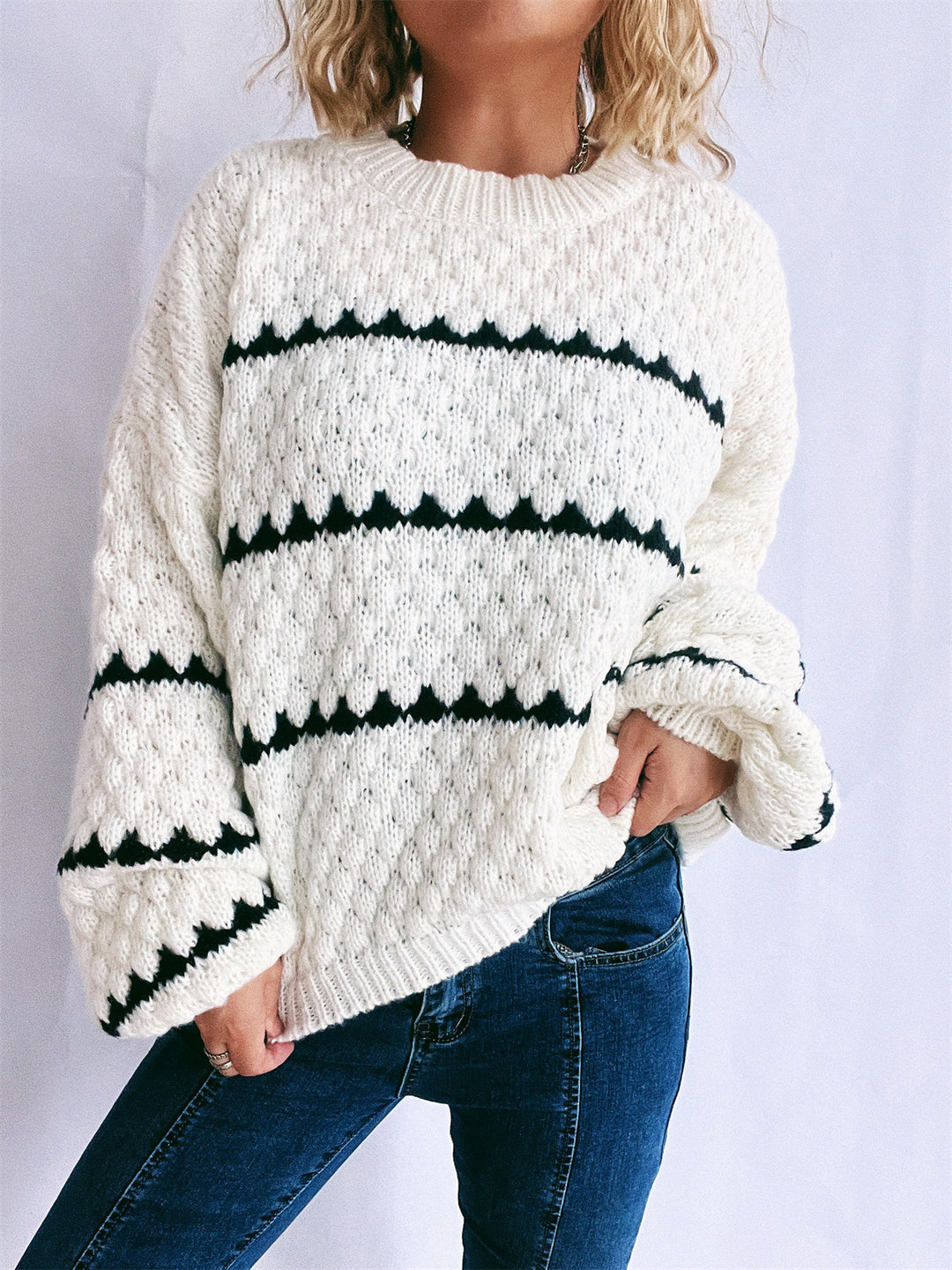 Damen Grobstrickpullover mit kontrastierenden Streifen EB