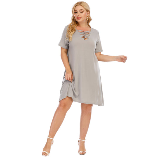 Damen lässiges Loose-Fit Kleid mit V-Ausschnitt und modernen Schnürdetails EB