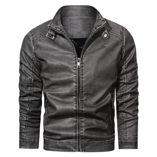 Herren Denim-Zipjacke im Vintage-Washed-Look mit Stehkragen und Ziernähten EB