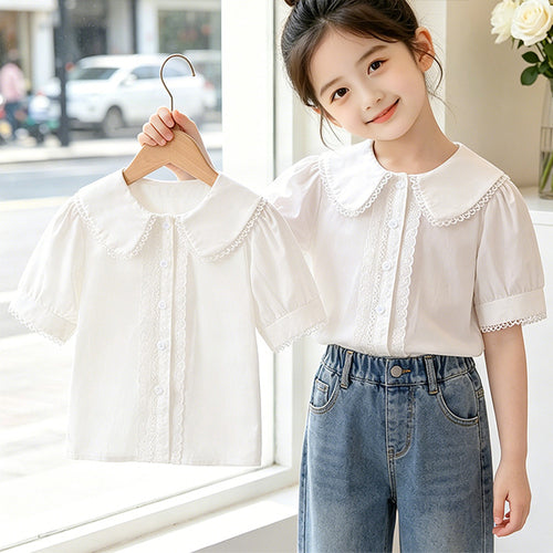 Mädchen Bluse mit elegantem Kragen und Spitzenverzierung EB