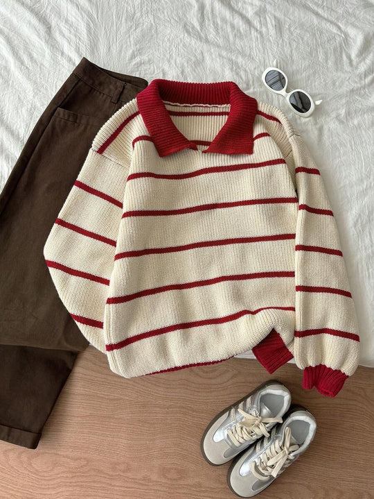 Damen Pullover mit Polokragen und gestreiftem Design EB