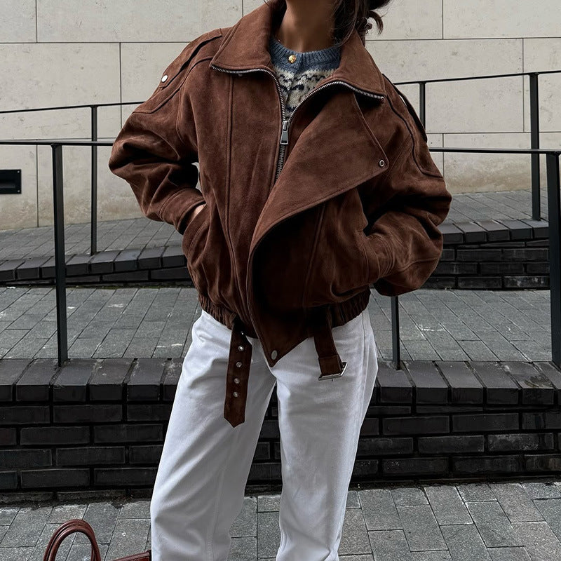 Damen Kunstlederjacke mit modernem Stehkragen und praktischen Reißverschlusstaschen EB