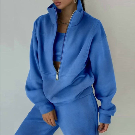 Damen nan Oversize Halbzip-Sweatshirt mit hohem Stehkragen und verdeckter Kängurutasche EB