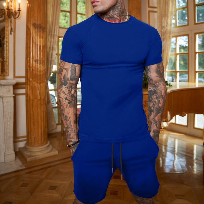 Herren nan schlankes Jersey-Set mit Rundhalsshirt und elastischer Tunnelzug-Shorts EB