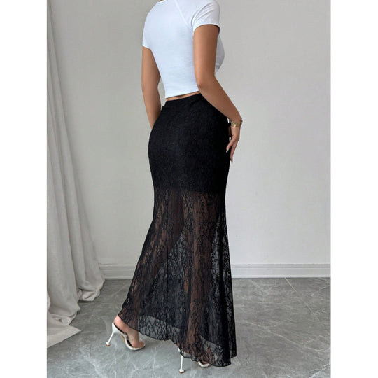 Damen Eleganter Spitzenrock im Maxi-Style mit transparenter Optik EB