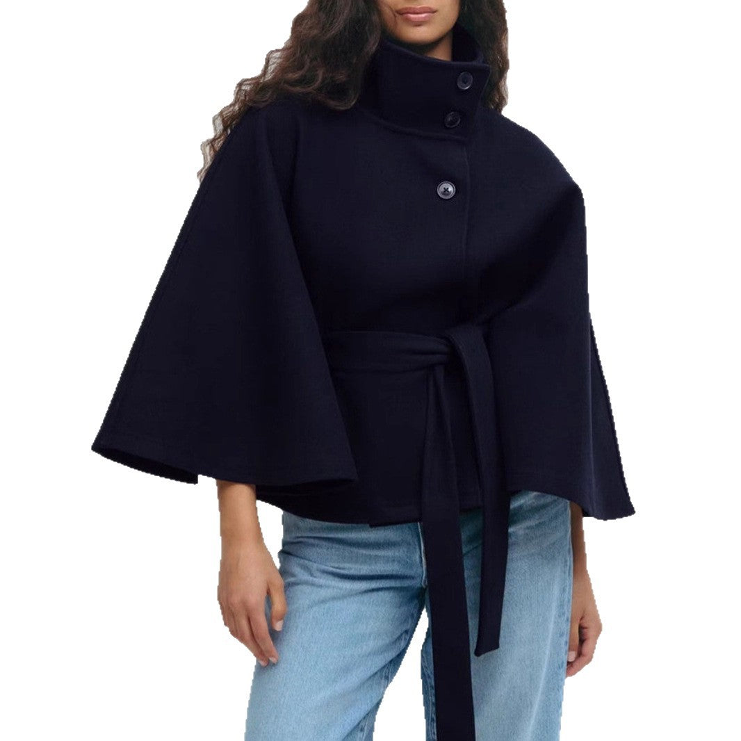 Damen nan kastiges Kurzcape Mantel mit Stehkragen und Bindegürtel EB
