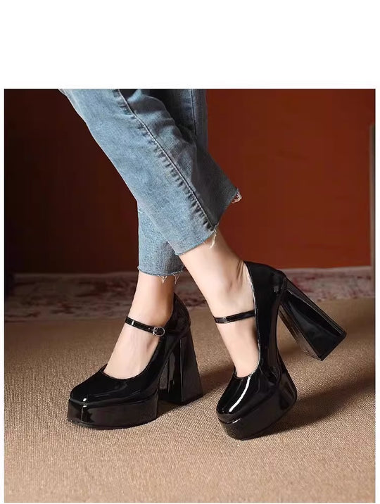 Damen Plateau High Heel Pumps mit breitem Blockabsatz EB