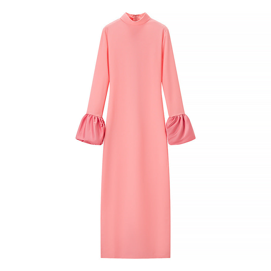 Damen Maxikleid mit rüschenförmigen Ärmeln und elegantem Stehkragen EB