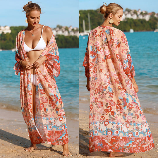 Damen floraler Strandkimono mit weit geschnittenen Ärmel EB