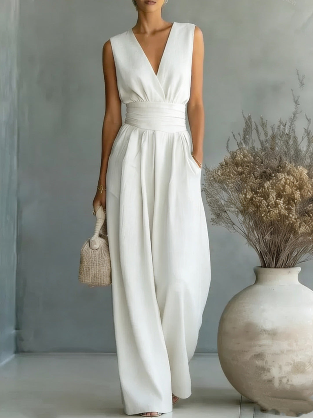 Damen Maxikleid mit V-Ausschnitt und Puffärmeln EB