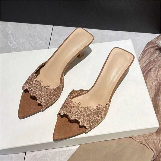 Damen elegante Mules mit Spitzenverzierung EB