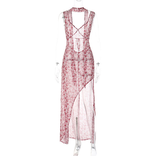 Damen Floral Maxi-Strandkleid mit attraktiven Schlitzdetails und Rückenband EB