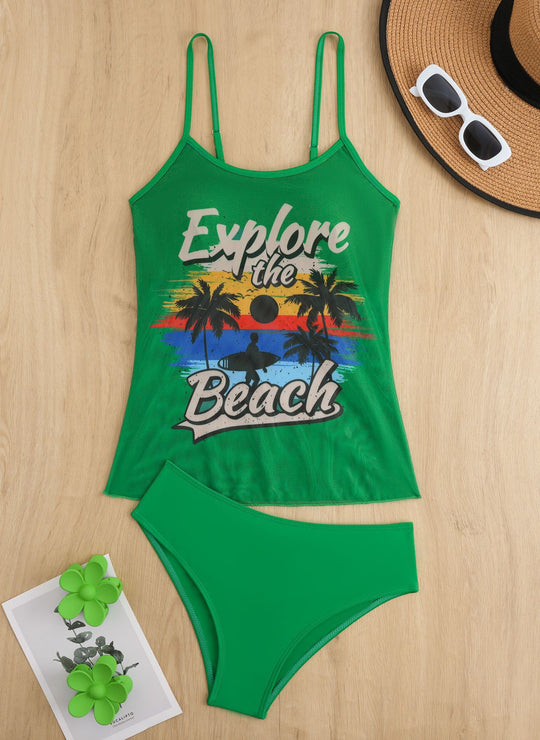 Damen Strandtop mit buntem Grafikdesign und passendem Bikiniunterteil EB