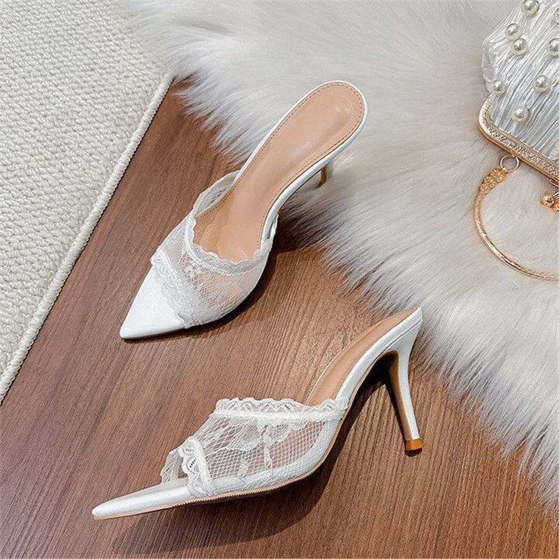 Damen elegante Mules mit Spitze und feiner Spitze EB