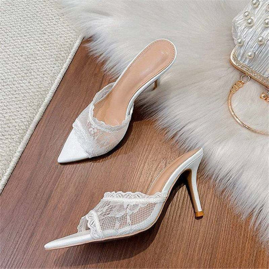 Damen elegante Mules mit Spitze und feiner Spitze EB