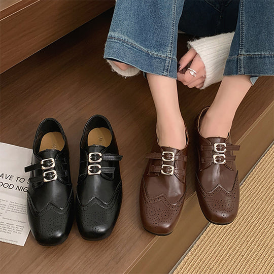 Damen Elegante und modische Schnürschuhe mit Doppelschnallen und perforiertem Obermaterial EB