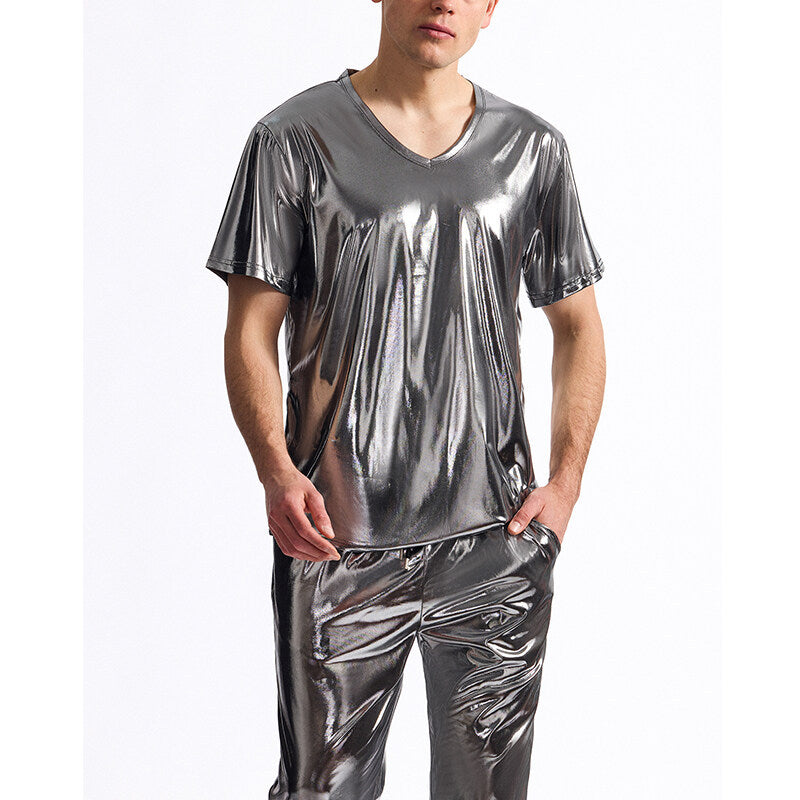 Herren Glänzendes V-Ausschnitt T-Shirt aus hochwertigen Materialien EB