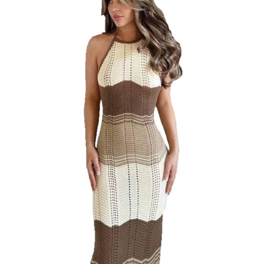 Damen Häkel-Maxikleid mit exklusivem Muster und elegantem Kragen EB