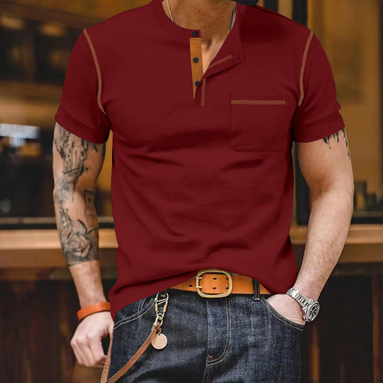 Herren modisches Kurzarm-Henley-Shirt mit kontrastierenden Akzenten und praktischer Brusttasche EB