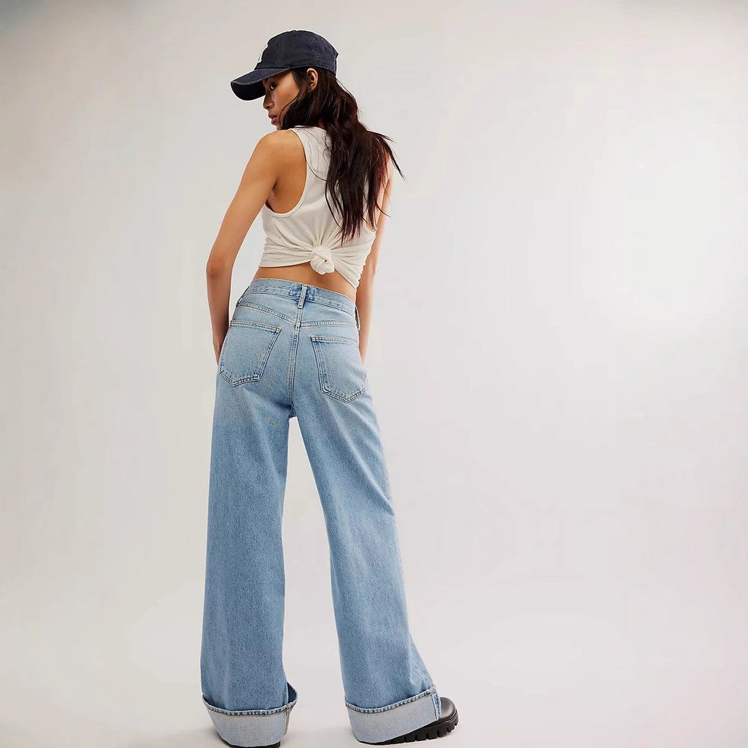 Damen Weit geschnittene High-Waist Jeans mit modischem Saum EB