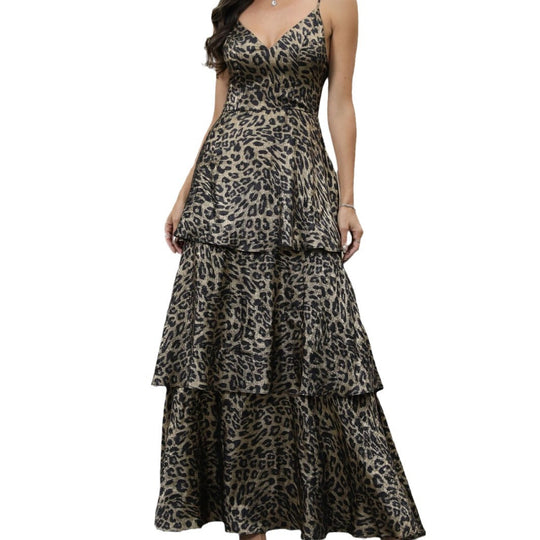 Damen Elegantes Tiermuster-Maxikleid mit tiefem V-Ausschnitt und voluminösem Rock EB