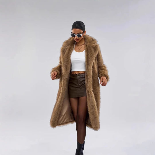 Damen Eleganter Pelzmantel mit großen Taschen EB