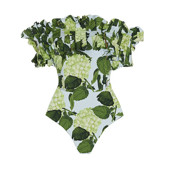 Damen Einteiler Badeanzug mit voluminösen Rüschendetails und floralem Design EB
