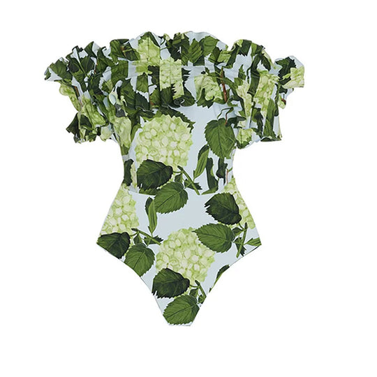 Damen Einteiler Badeanzug mit voluminösen Rüschendetails und floralem Design EB