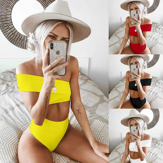 Damen Hochgeschnittener Bikini mit schulterfreiem Oberteil und elastischem Material EB