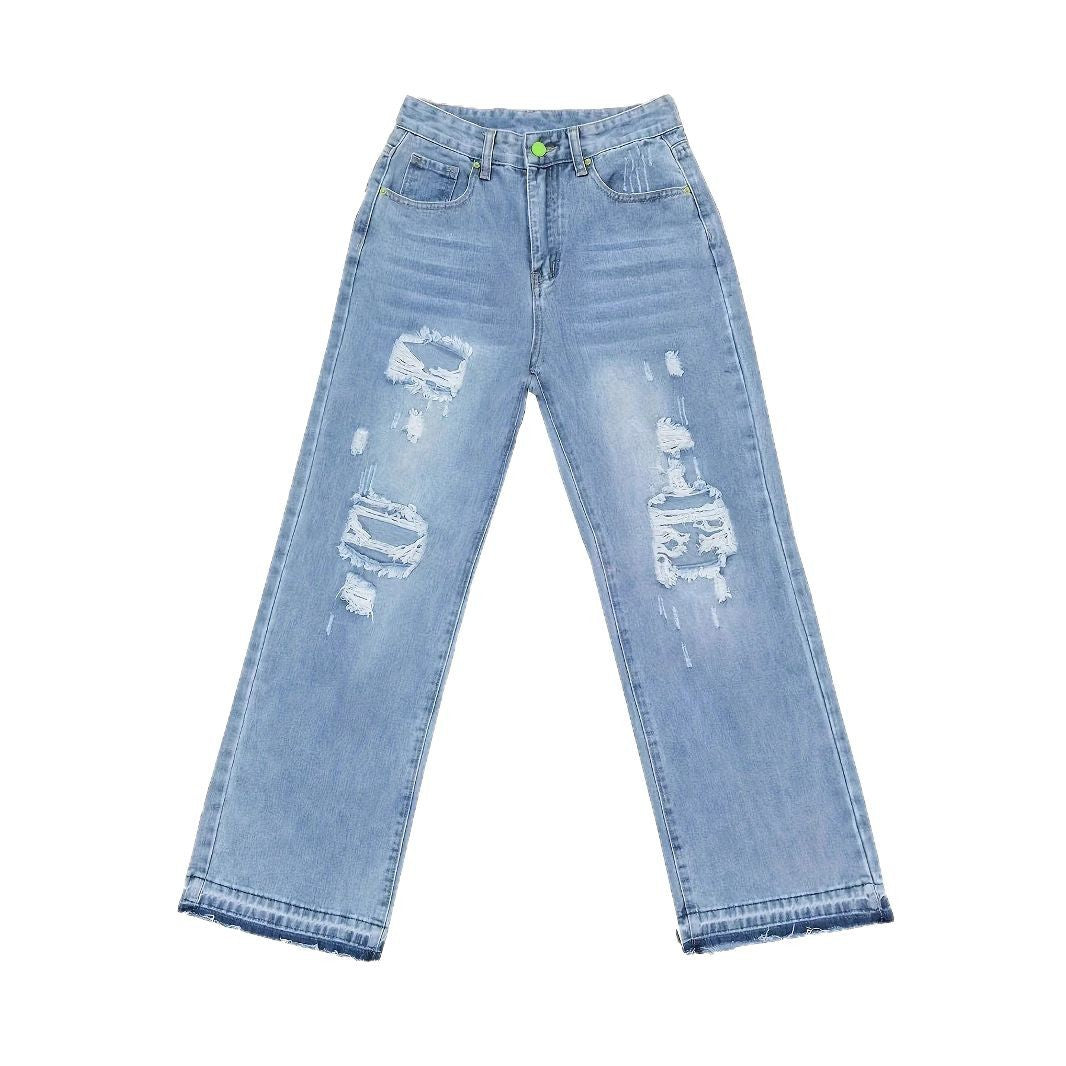 Damen Hohe Taille Destroyed Jeans EB