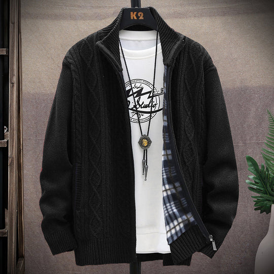 Herren Strickjacke mit Kunstlederdetails und hohem Kragen EB