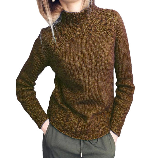 Damen nan grobgestrickter Zopfmuster-Pullover mit Stehkragen und tailliertem Schnitt EB
