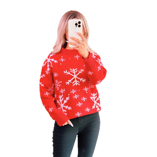 Damen Weihnachts-Pullover mit festlichem Schneemuster und hohem Kragen EB