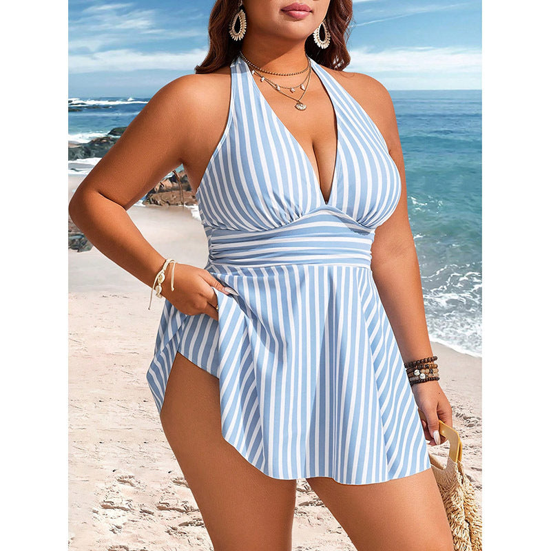 Damen Wickelkleid Badeanzug mit modischem Streifenmuster EB