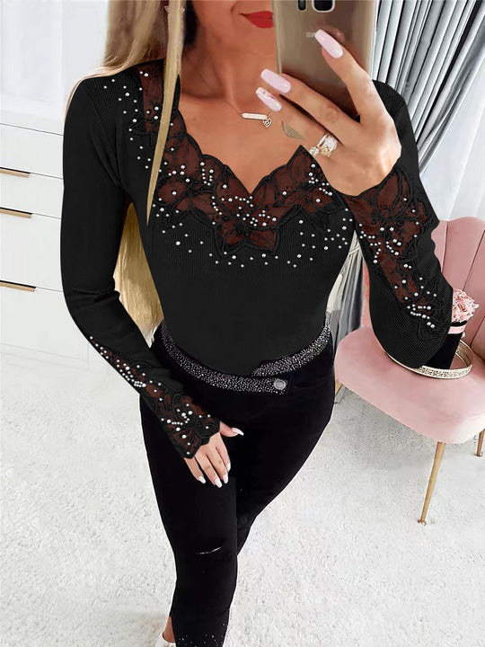 Damen nan figurbetonte Feinstrickbluse mit V-Ausschnitt und floraler Spitzenapplikation EB