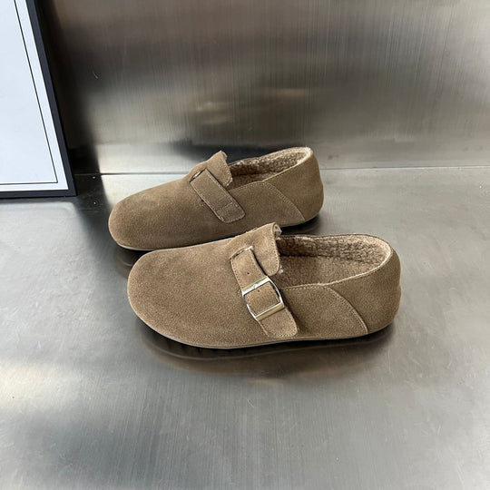 Damen Bequeme und warme Hausschuhe aus hochwertigem Wildleder mit ergonomischem Fußbett EB