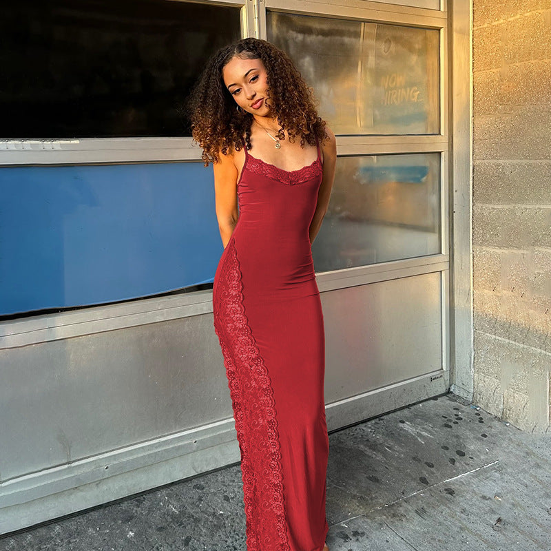Damen elegantes Spitzen-Maxikleid mit zarten Trägerspitzendetails EB