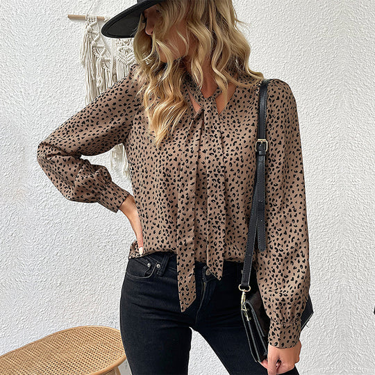 Damen Bluse mit Schleifen-Ausschnitt und Leopardenmuster EB