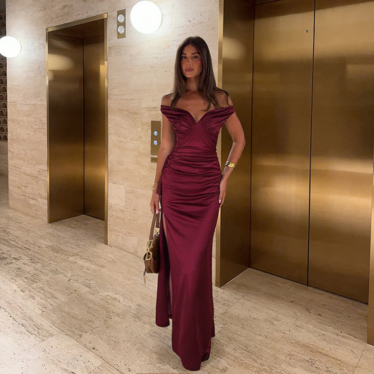 Damen elegantes schulterfreies Maxikleid mit fließendem Satin und verführerischem Schlitz EB