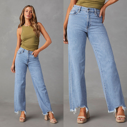 Damen Weit geschnittene Jeans mit fransigem Saum EB