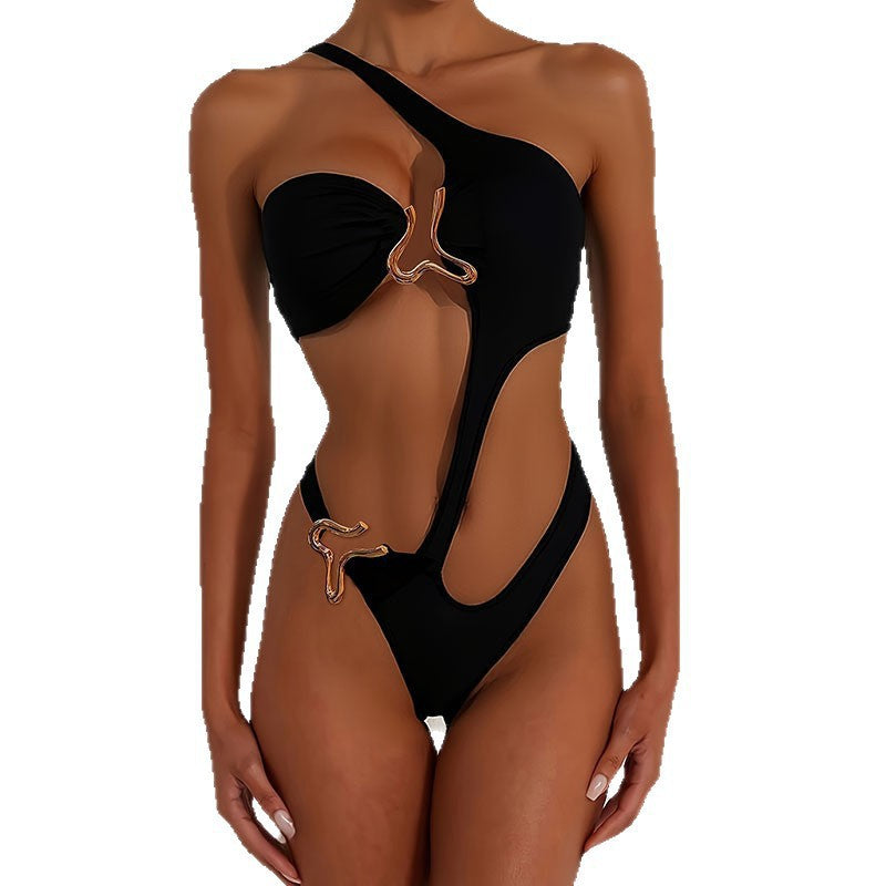 Damen asymmetrischer Einteiler Badeanzug mit dekorativen Details EB