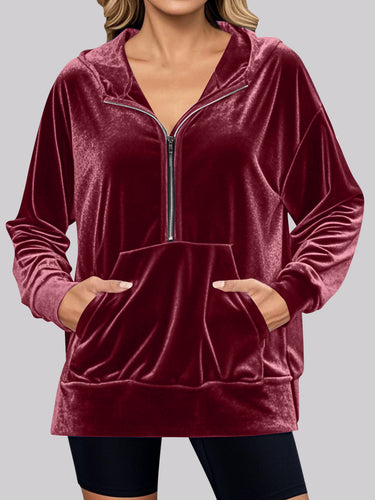 Damen kuscheliges Fleece-Hoodie mit praktischen Taschen und halbem Reißverschluss EB