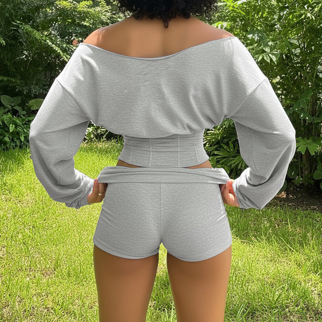 Damen nan asymmetrisches einschulteriges Lounge-Set mit tailliertem gerafftem Crop-Top und hochgeschnittenen Umschlag-Shorts EB