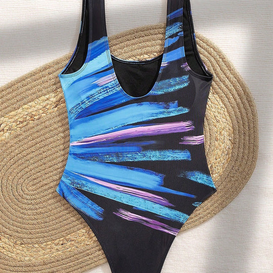 Damen Einteiler Badeanzug mit kreativem Pinselstrich-Design EB
