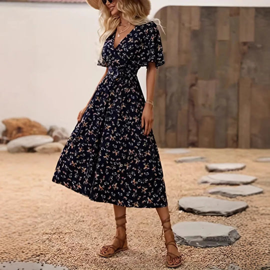 Damen Wickelkleid mit floralem Design und modischem V-Ausschnitt EB