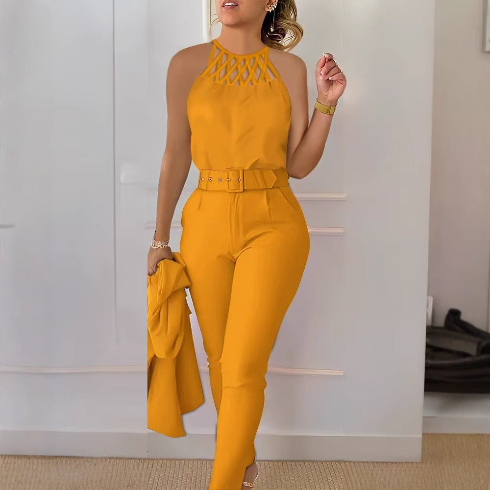 Damen eleganter Jumpsuit mit geflochtenem Trägersystem und tailliertem Schnitt EB