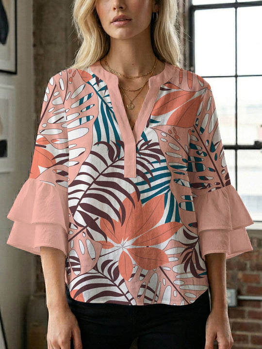 Damen Blusenshirt mit voluminösen Ärmeln und kreativem Druckdesign EB