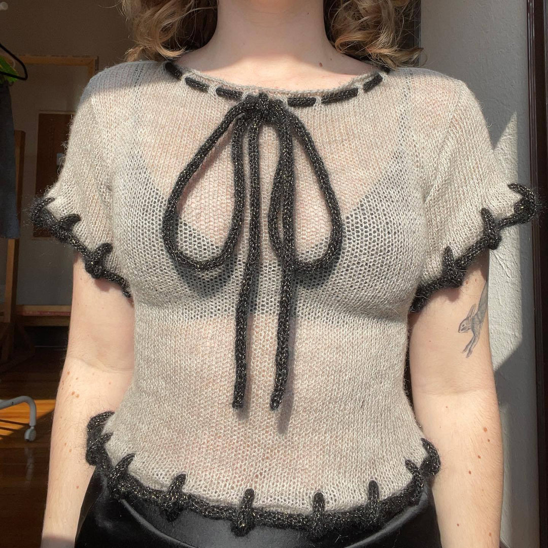 Damen modisches transparentes Strickoberteil mit dekorativen Profilschnüren EB